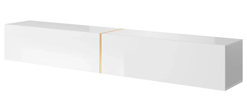 SELSEY Bisira Wooden TV Cabinet 200 x 32 x 30 cm, Wall-Mounted White Matte & Gloss Finish with Gold Accent, Fits TVs Up to 75", Durable & Stylish, Ample Storage, Ideal for Modern Living Rooms