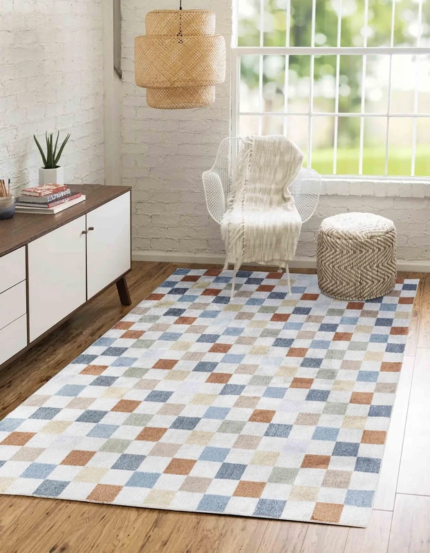 Livabliss Santa Rosa Geometric Rug - Scandi Area Rugs Living Room 160x213 cm, Dining, Kitchen - Neutral, Abstract Patterned Rugs, Boho Style, Easy Care Pile - Large Rug, Cream, Blue, Orange