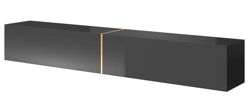 SELSEY Bisira Wooden TV Cabinet 200 x 32 x 30 cm, Wall-Mounted Black Matte & Gloss Finish with Gold Accent, Fits TVs Up to 75", Durable & Stylish, Ample Storage, Ideal for Modern Living Rooms