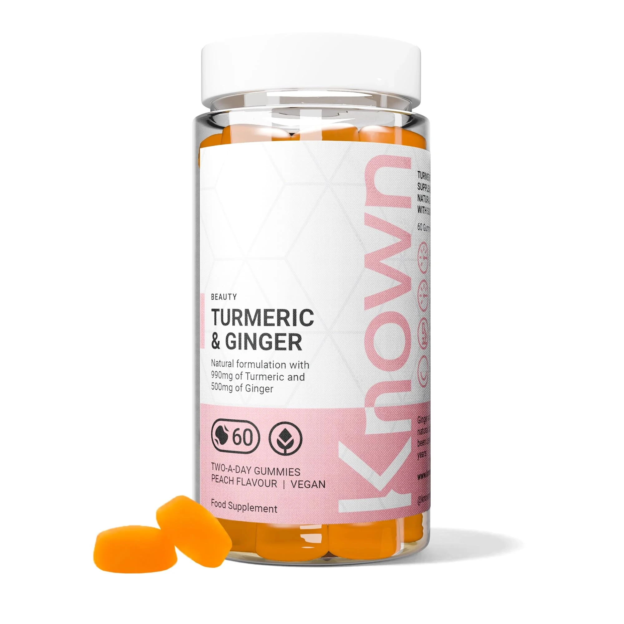 Known Tasty Turmeric & Ginger Gummies by Known Nutrition - 990mg Turmeric & 500mg Ginger - Natural Peach Flavour - 60 Vegan Gummies, 1 Month Supply