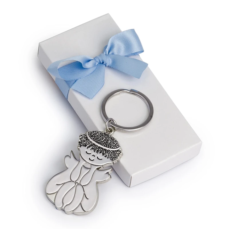Pack of 5 Metal Angel Sitting Keychains in White Box Embellished with Blu - Image 1