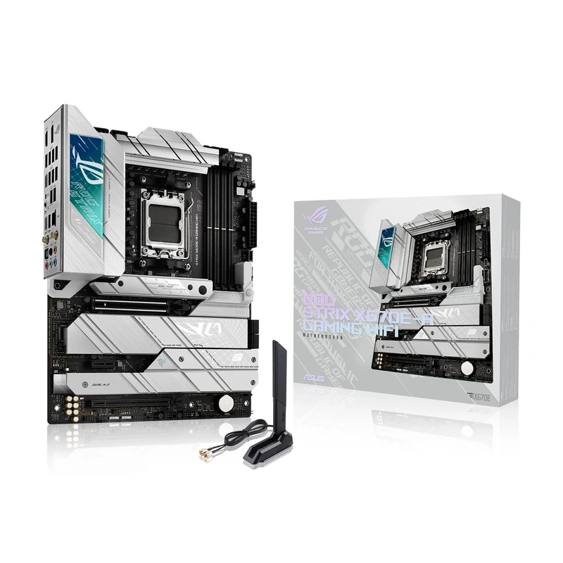 ASUS ROG Strix X670E-F Gaming WiFi AMD Ryzen AM5 ATX motherboard, 16 + 2 power stages, DDR5 support, four M.2 slots with heatsinks, USB 3.2 Gen 2x2, PCIe 5.0, WiFi 6E, AI Cooling II, and Aura Sync