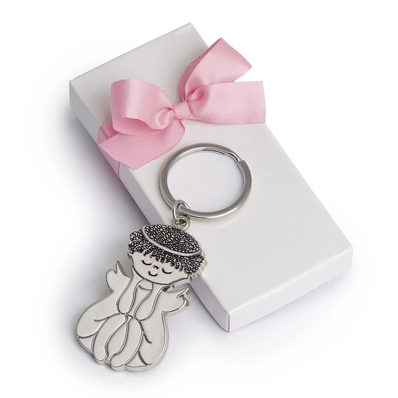 Pack of 5 Metal Angel Sitting Keychains in White Box Embellished with Pink - Image 1