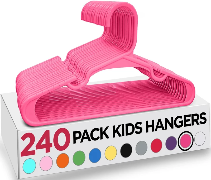Utopia Home Plastic Kids Hangers - Pack of 240 - Durable Slim Baby Hangers - Space Saving Children's Clothes Hangers - All Purpose Garment Trouser Skirt Bar Toddler Hangers (Pink)
