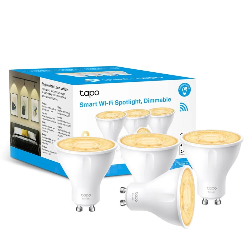 Tapo L610 (4-Pack) Smart Bulb, Alexa Light Bulb, WiFi Smart Light Bulb, GU10 Lamp Base, 1-100% Dimmable Wi-Fi LED Spotlight Bulbs, High Lumen, Remote Control, Voice Control with Alexa & Google