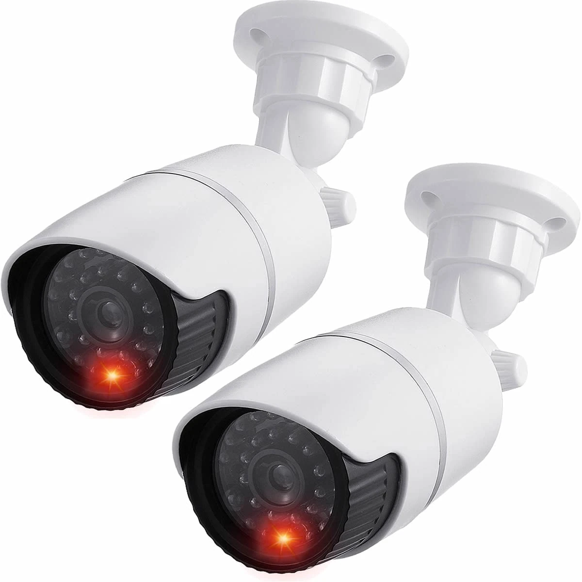 JUSTOP Dummy CCTV Cameras, 2x Fake Bullet Security Camera With Flashing LED, Waterproof For Indoor or Outdoor Use, Professional Black&White Casing (2pcs Pack)