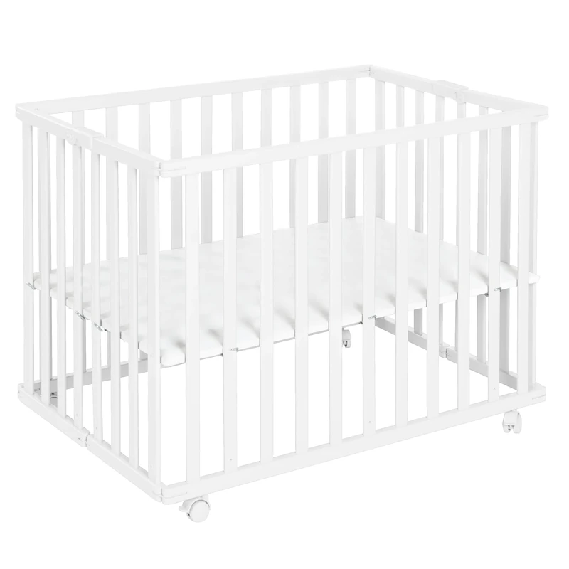 roba White Space-Saving Playard - 75 x 100 cm, Foldable Playpen with Wheels, Height Adjustable, for Baby Girls, Baby Boys, Unisex Baby, Ages 0-24 Months