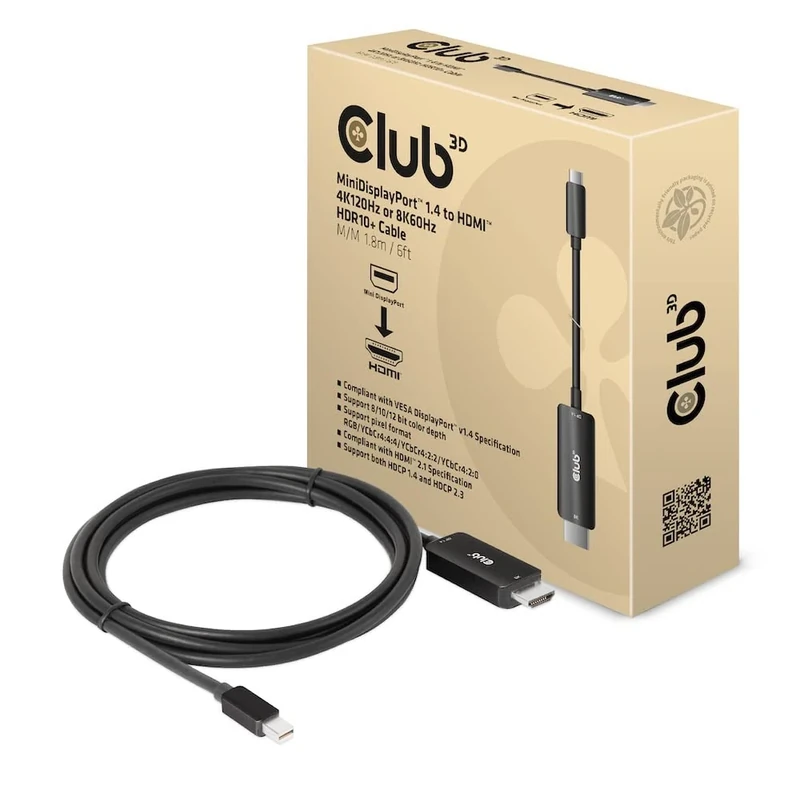Club 3D CAC-1187 MiniDisplayPort™ 1.4 to HDMI™ 4K120Hz or 8K60Hz HDR10+ Cable 1.8 m M/M