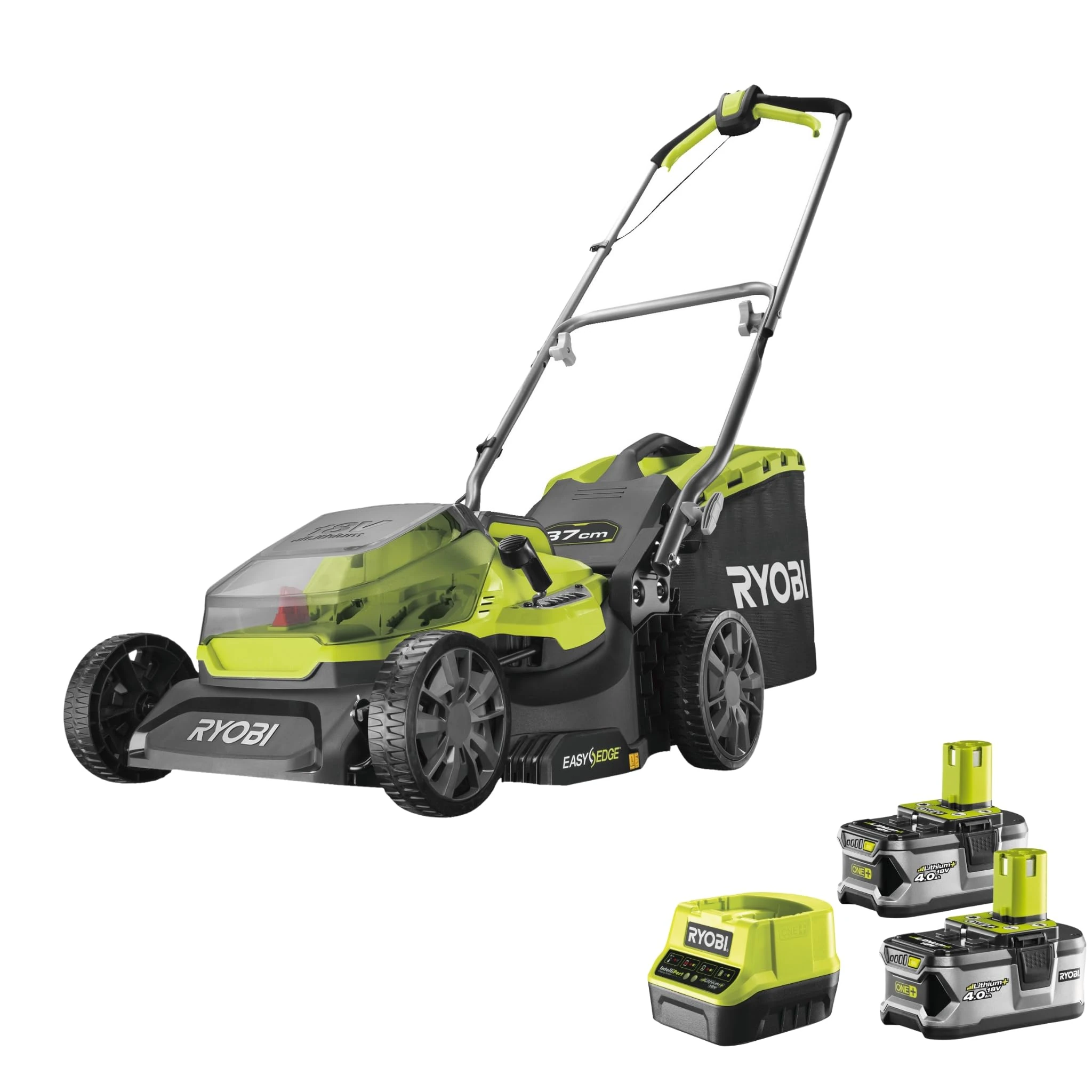 RYOBI 18 V ONE+ Cordless Lawnmower RY18LM37A-240 (Cutting Width 37 cm, 6-Way Height Adjustment 20-70 mm, Variable Handle Rod Including Mulching Wedge, 2 x 4.0Ah Battery and Charger)