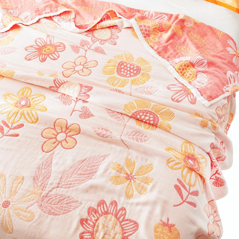 MEJU Floral Pink Cute Girls All Season Muslin Blanket Throw for Bed Sofa Couch,100% Combed Cotton 4 Layer Soft Warm Quilt Throw Blanket Bedspread Bed Coverlet Flower Full Queen 80 in x 90 in