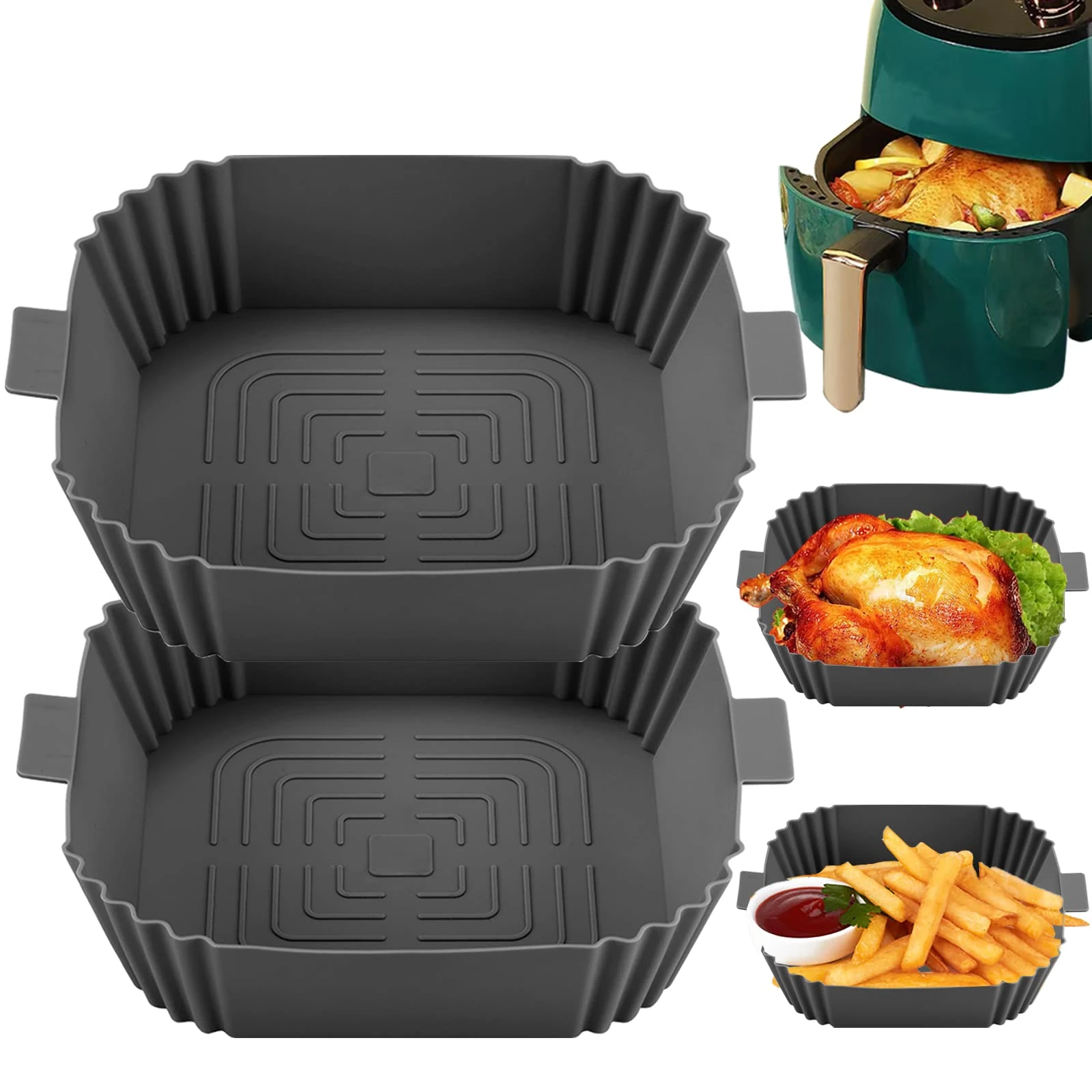 Air Fryer Liners-Square Silicone Air Fryer Liner Reusable,2pcs Air Fryer Silicone Liners Accessories Airfryer Liner Non-Stick Air Fryers Basket Tray for COSORI,Ninja,Tefal EY245840,Tower,Chefman