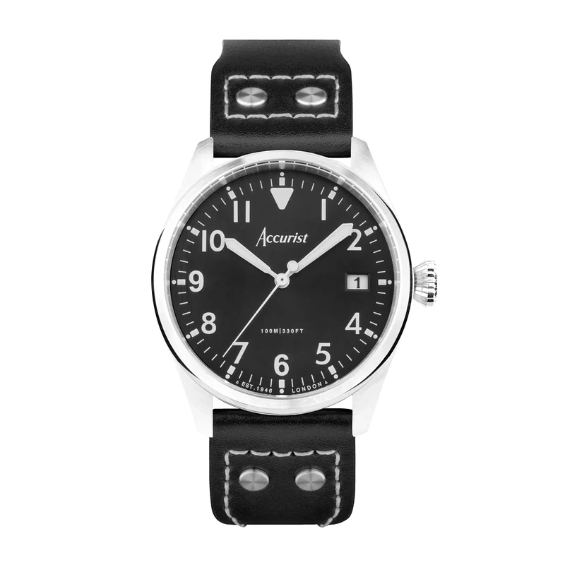 Accurist Mens Aviation 41mm Quartz Watch in Black with Analogue Display, and Black Leather Strap 76004
