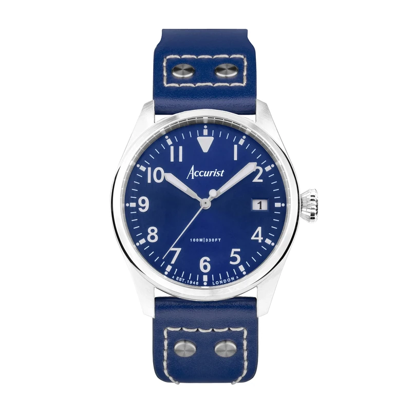 Accurist Mens Aviation 41mm Quartz Watch in Blue with Analogue Display, and Blue Leather Strap 76001