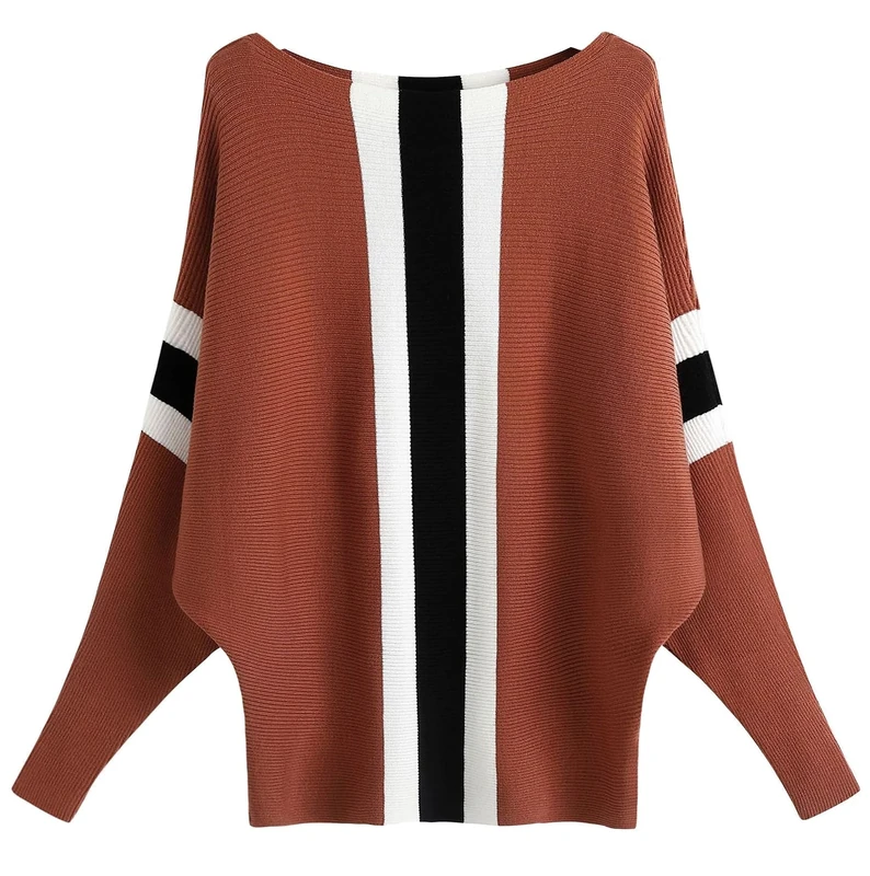 FULIER Boat Neck Batwing Sleeves Dolman Loose Knitted Sweaters and Pullovers Jumper Tops for Women One Size (Camel-2)