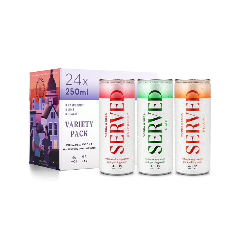 SERVED – Premium Vodka, Real Fruit & Soda Mixed Variety Pack, 4% ABV, 95 Calories, Infused with Wonky Fruit, Vegan, 24 x 250ml Cans (8 x Raspberry, 8 x Lime, 8 x Peach)