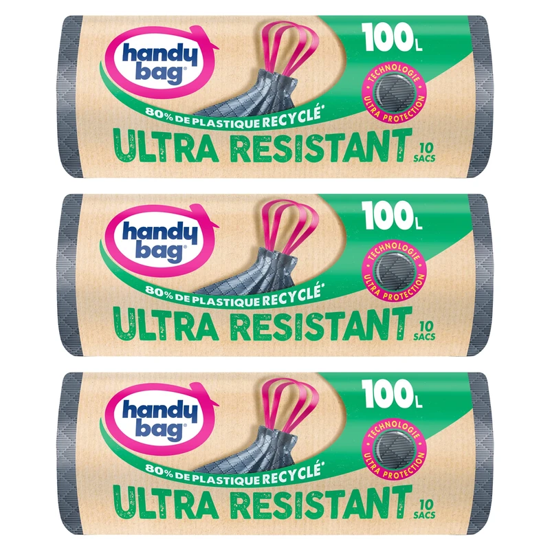 Handy Bag Set of 3 Rolls of 10 Bin Liners, 100 L, Ultra Resistant, 80% Recycled Plastic, Sliding Handles, Ultra Protection Technology, 3-Ply, Leak-proof - Image 1