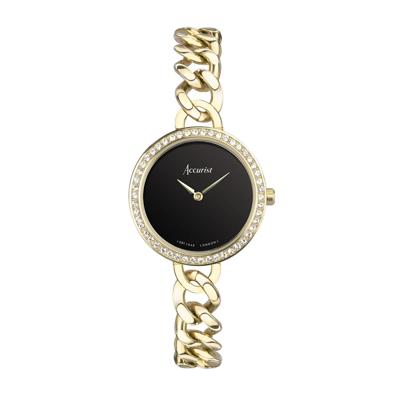 Accurist Ladies Jewellery 28mm Quartz Watch in Black with Analogue Display, and Gold Stainless Steel Bracelet 78006