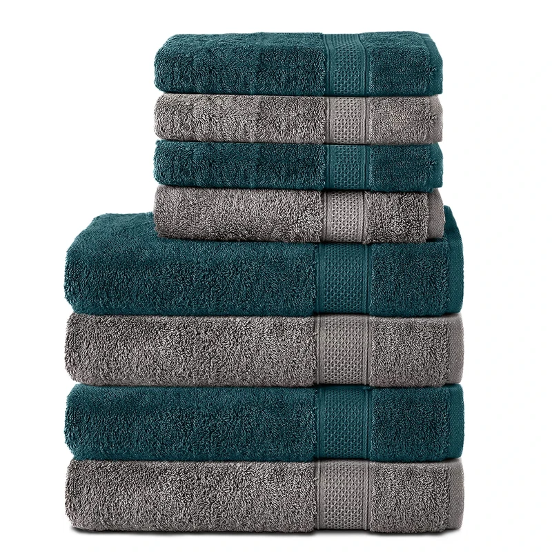 Komfortec Set of 8 Hand Towels 100% Cotton, 4 Bath Towels 70 x 140 cm and 4 Hand Towels 50 x 100 cm, Terry Clothing, Soft, Towel, Large, Anthracite Grey/Petrol