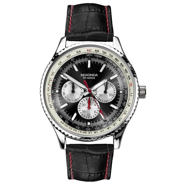 Sekonda Maverick Men’s 43mm Quartz Watch in Black with Analogue Display, and Black Leather Strap 30035