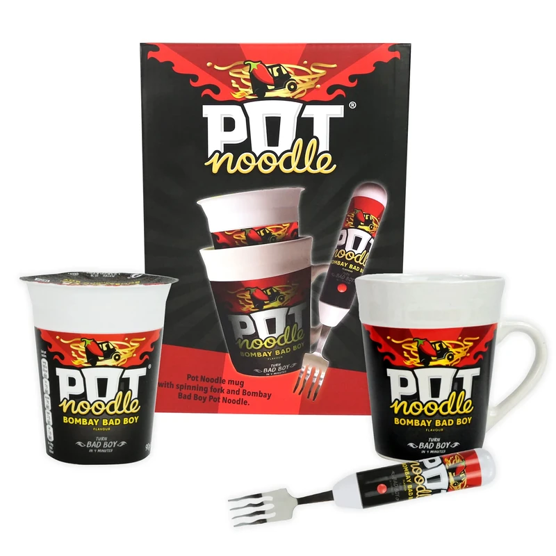 Pot Noodle Spinning Fork & Mug Gift Set - Fun Novelty Gifts for Men, Women, Teenage Boys, Girls & Students - with Bombay Bad Boy Pot Noodle (90 grams)