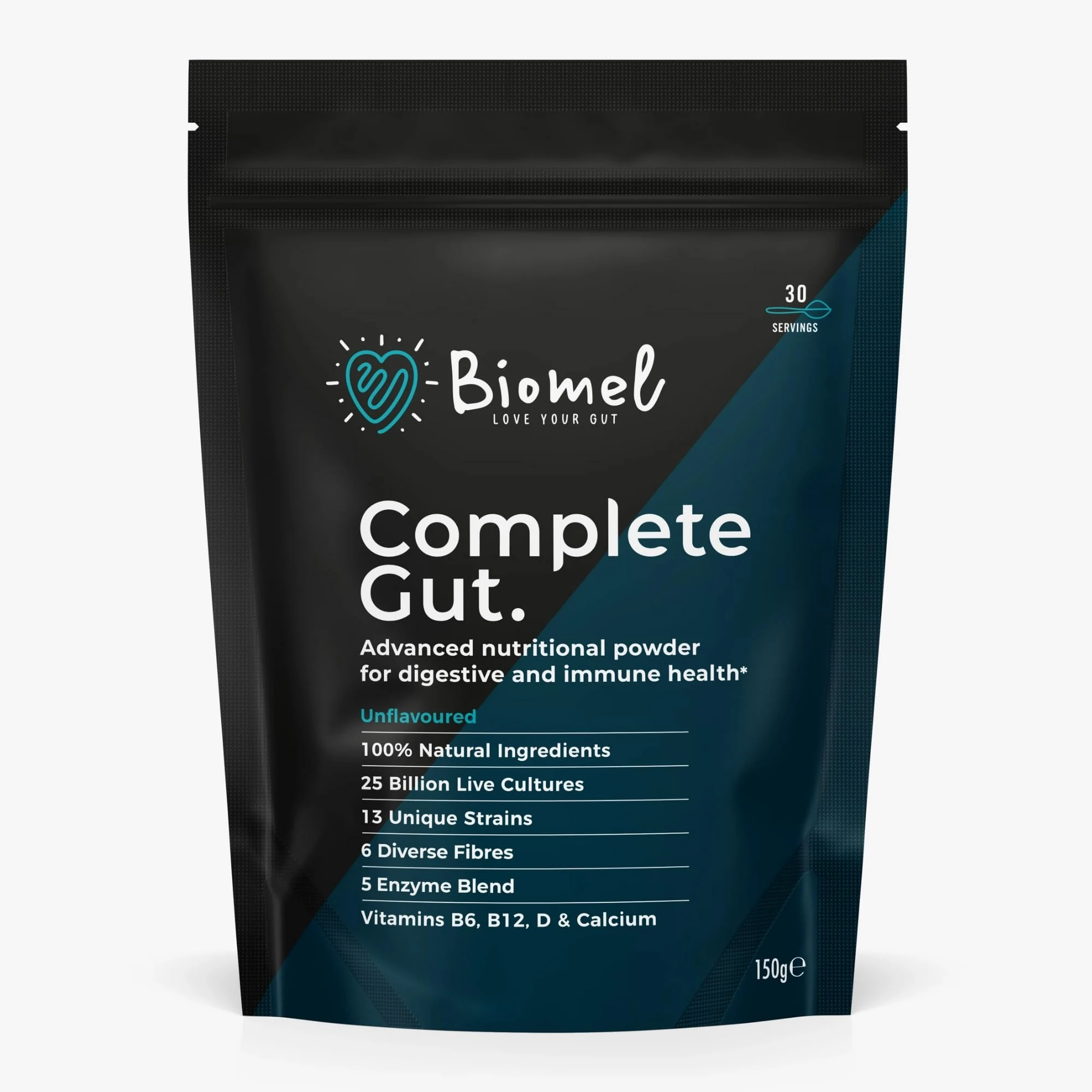 Biomel Complete Gut - Unflavoured - Advanced Gut Health - 150g/30 Servings - Vegan Friendly - Gluten Free - Delicious & Effective