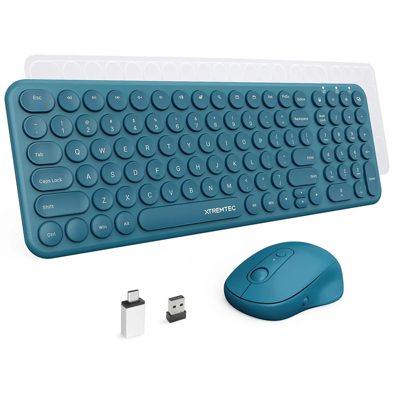 Wireless Keyboard and Mouse, XTREMTEC Compact Size Cute Keyboard Retro Round Keycap - 2.4GHz Ultra-Slim Quiet Aesthetic for Laptop iMac Windows US Layout(Blue)
