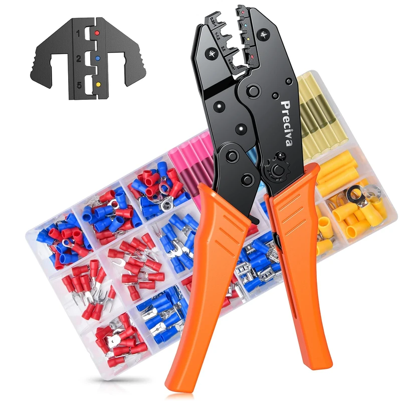 Crimping Tools for Insulated and Heat Shrink Terminals, 2 Replaceable Crimp Head with 200pcs Wire Connectors, AWG 20-10(0.5-6mm²), Preciva Ratchet Crimping Tool, Made of Hardened Alloy Steel