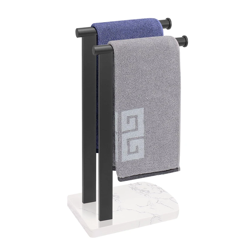 NearMoon Hand Towel Holder with Balanced Marble Base, SUS304 Stainless Steel Stand Towel Ring L Shape Hand Towel Rack Free-Standing Towel Bar for Bathroom Kitchen Countertop (Double Rod, Matte Black)