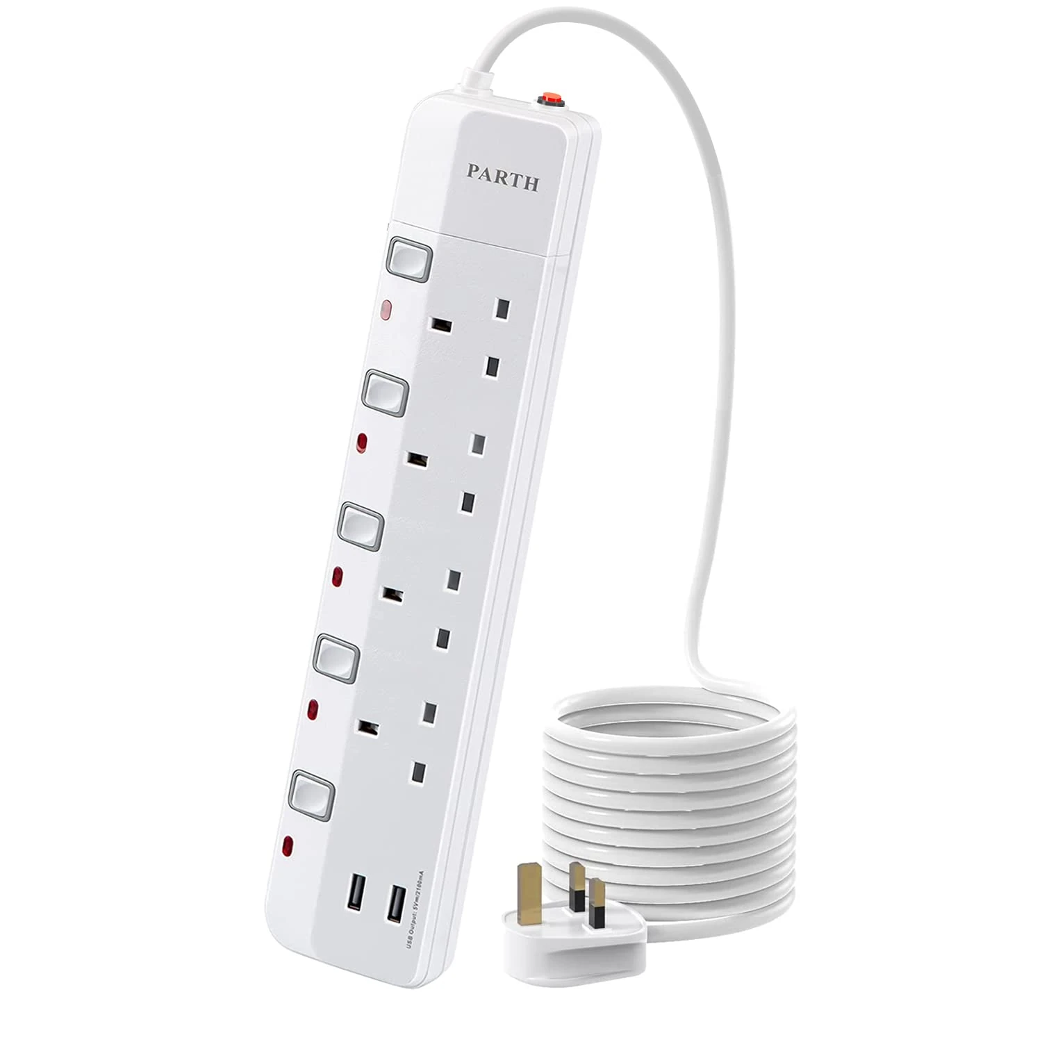 PARTH 3m Extension Lead with USB Slots Surge Protected - 3 Meter Extra Long Cords Extension Cable 4 Way Socket Surge Protection - Wall Mounted UK Plug - Multi Plugs Power Strip with Switches