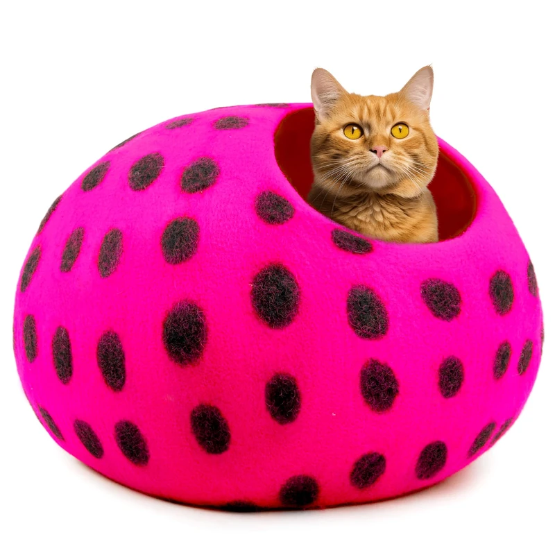 Woolygon Wool Cat Cave Bed Handcrafted from 100% Merino Wool, Eco-Friendly Felt Cat Cave for Indoor Cats and Kittens (Pink/Black Dots)
