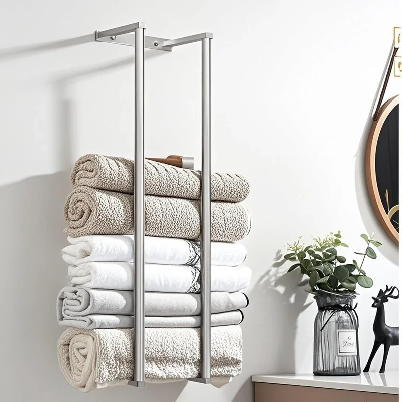Towel Racks for Bathroom, Towel Racks for Bathroom Wall Mounted, Wall Mount Towel Rack for Storing Towels, Robes, Bathroom Towel Rack with Hooks for Small Space Bathroom Towel Storage, Silver