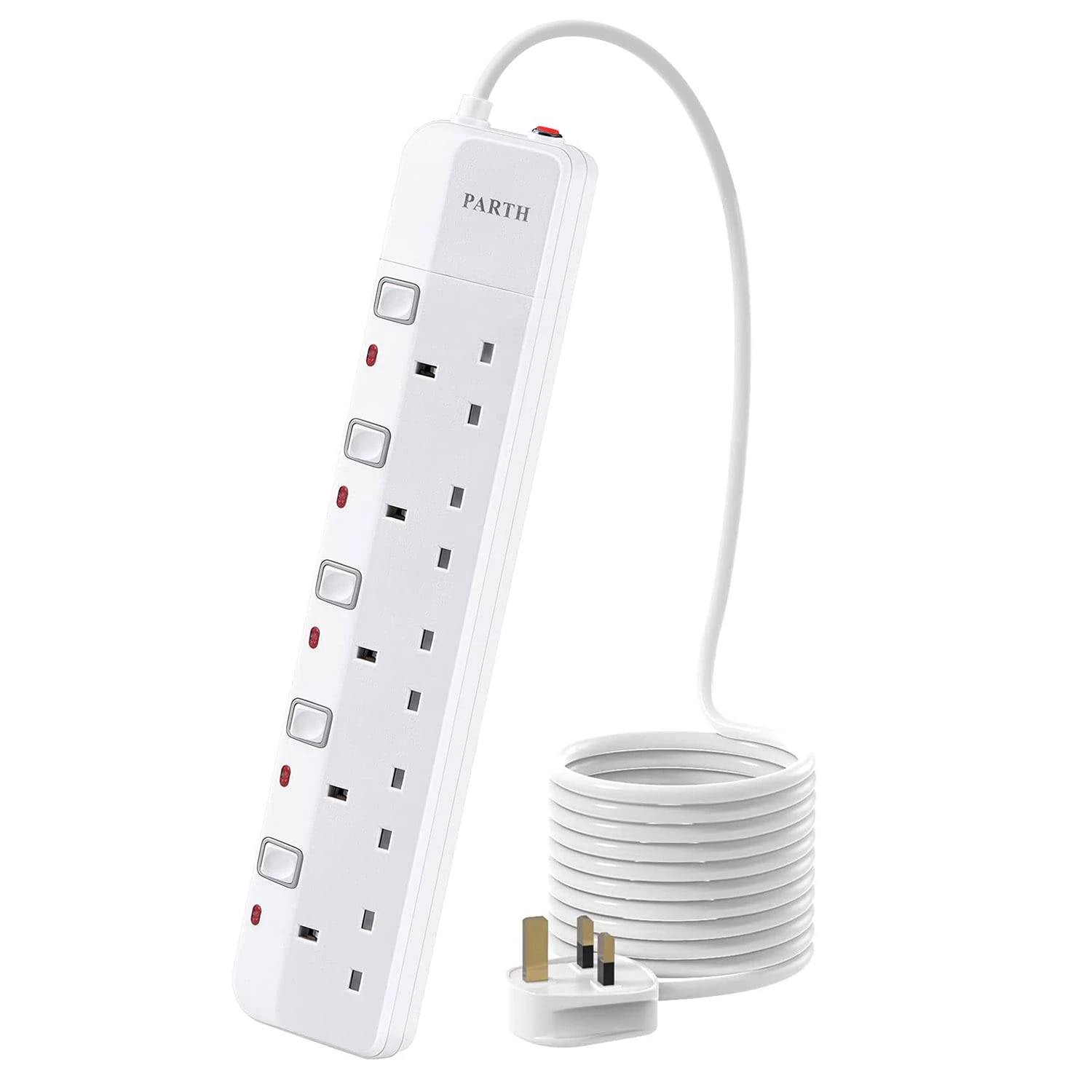 PARTH 5m Extension Lead with Switches Surge Protection UK Plug Extension 5 Metre Cable Extension Cord 5 Way Sockets Power Extension with Overload Protection 3250W/13A