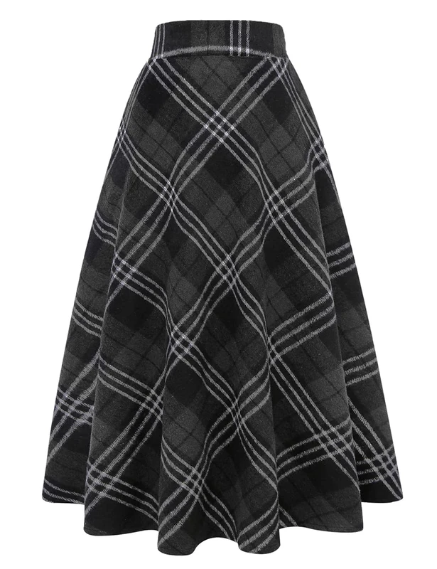 IDEALSANXUN Womens High Elastic Waist Maxi Skirt A-line Plaid Winter Warm Flare Long Skirts, Long Dark Grey 711, Medium
