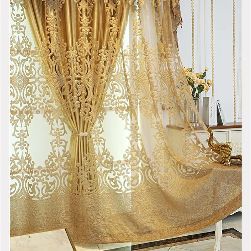 Amidoudou 1 Pair European Luxury Window Screen Living Room Tulle Curtains Balcony Bedroom Golden Jacquard Sheer Curtains (Gold,54x90 Inch)