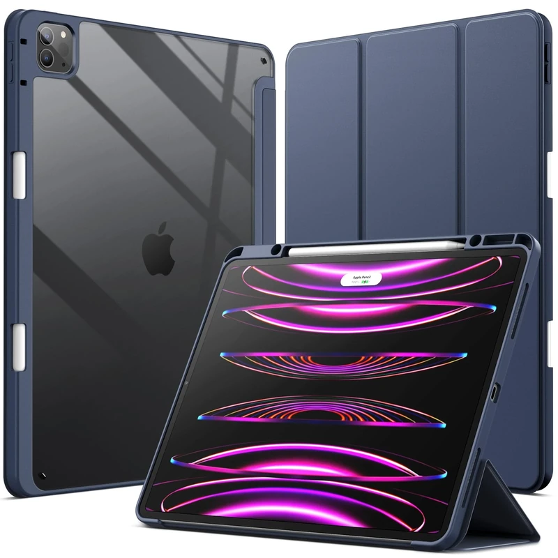 JETech Case for iPad Pro 12.9-Inch (2022/2021/2020/2018) with Pencil Holder, Clear Transparent Back Shell Slim Stand Shockproof Tablet Cover, Auto Wake/Sleep (Navy Blue)