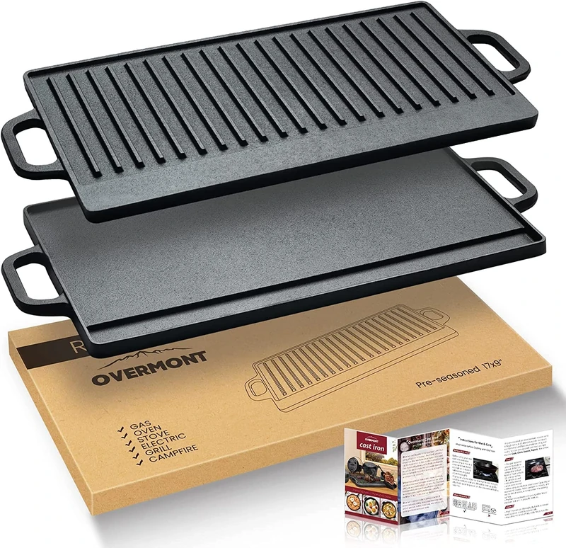 OVERMONT Pre-Seasoned Cast Iron Reversible Griddle Grill Pan with Handles for Gas Stovetop Open Fire Oven, 51.2 * 23.5CM (20x9.2) - One Tray, Scrapers Included