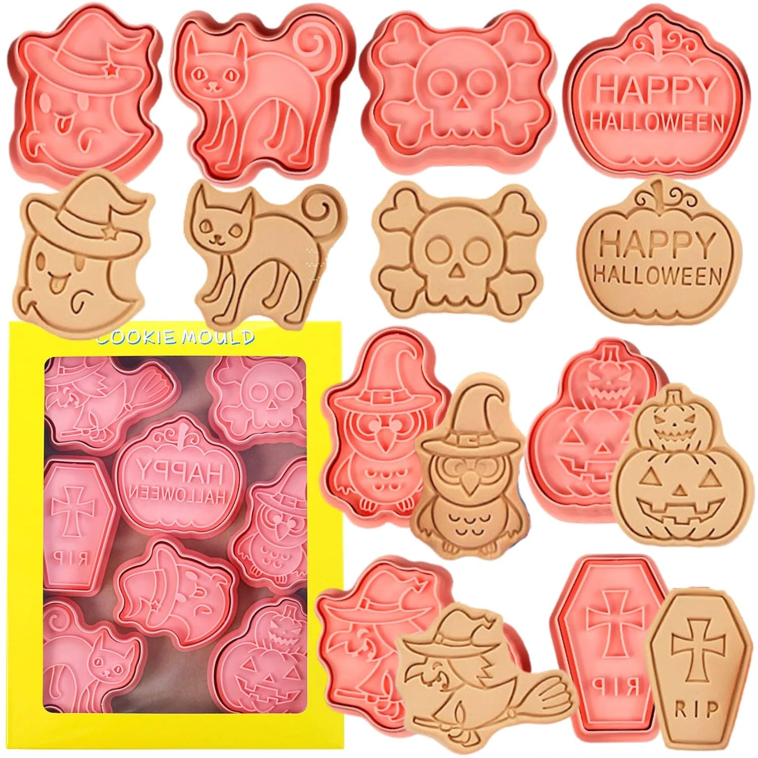 Halloween Cookie Cutter Set,8Pcs，Plastic Halloween Cookie Cutter Set - Witch, Ghost, Skull,Black Cat,Woodpecker, Tombstone, Pumpkins,for Kitchen Baking