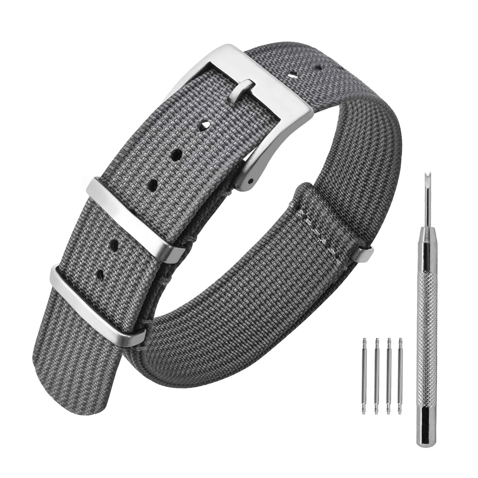 ANNEFIT Nylon Watch Strap 18mm, One-Piece Waterproof Military Watch Band with Heavy Silver Buckle (Grey)