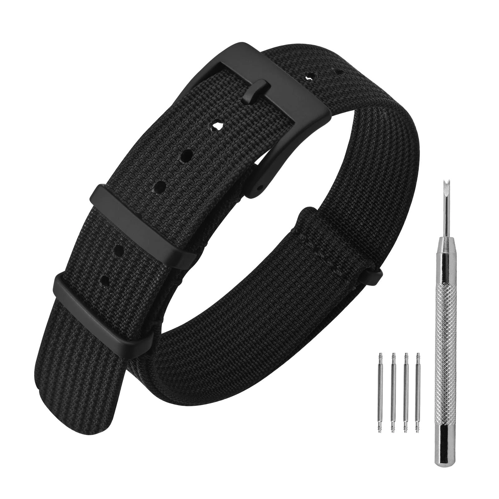 ANNEFIT Nylon Watch Strap 20mm, One-Piece Waterproof Military Watch Band with Heavy Black Buckle (Black)