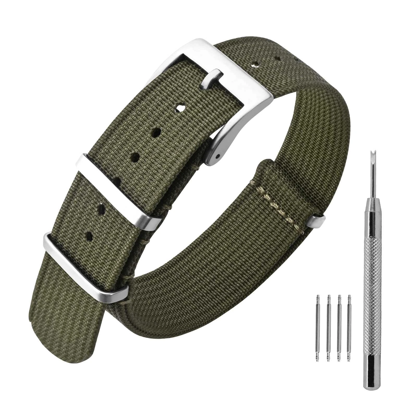 ANNEFIT Nylon Watch Strap 18mm, One-Piece Waterproof Military Watch Band with Heavy Silver Buckle (Army Green)