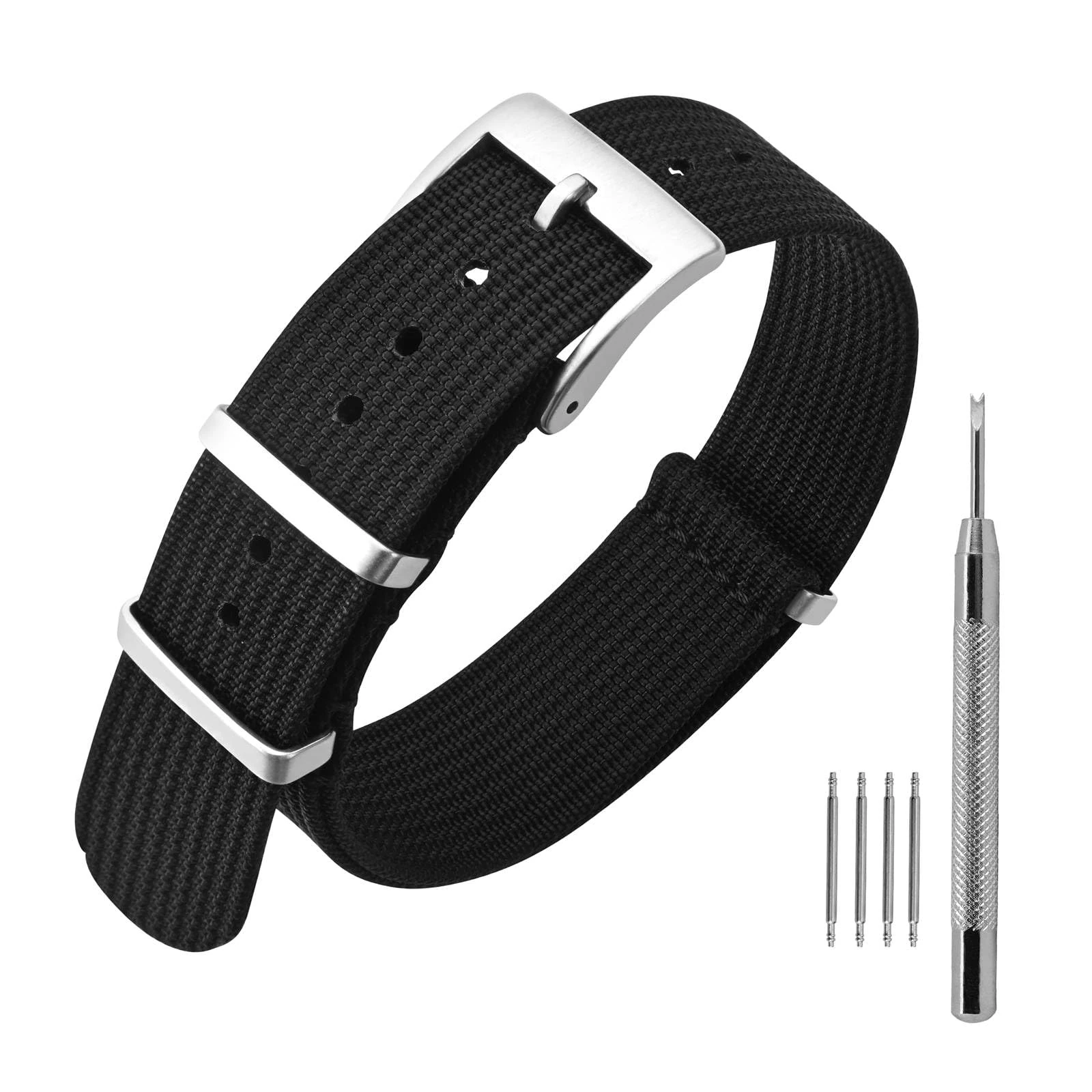 ANNEFIT Nylon Watch Strap 18mm, One-Piece Waterproof Military Watch Band with Heavy Silver Buckle (Black)