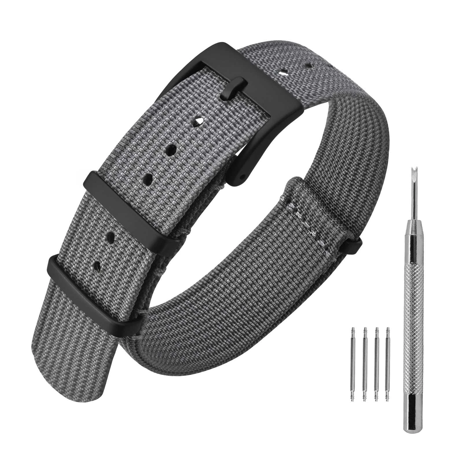 ANNEFIT Nylon Watch Strap 20mm, One-Piece Waterproof Military Watch Band with Heavy Black Buckle (Grey)