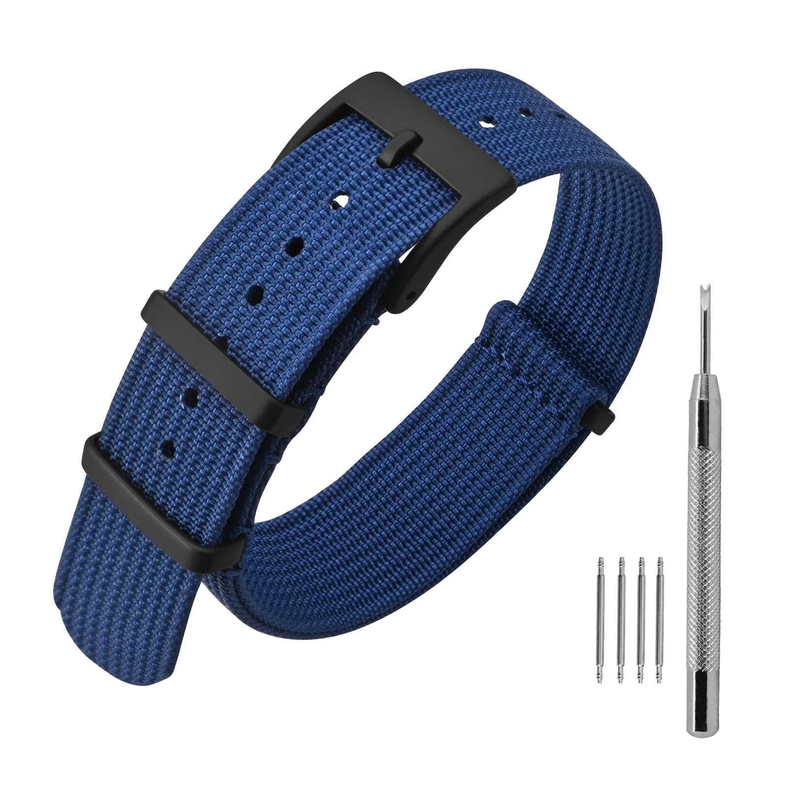 ANNEFIT Nylon Watch Strap 18mm, One-Piece Waterproof Military Watch Band with Heavy Black Buckle (Blue)