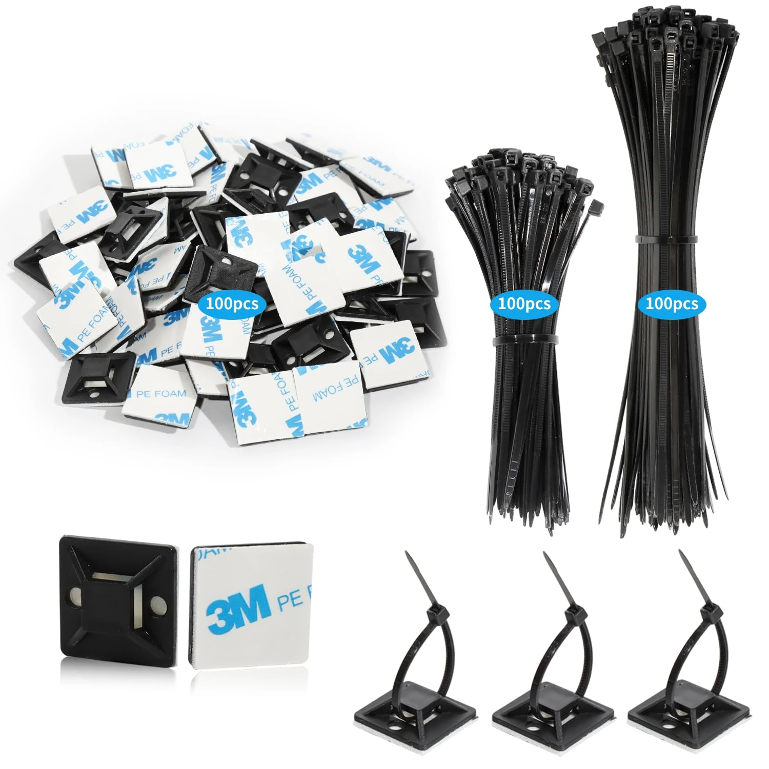 200 Pcs Cable Ties Black 100/150mm with 100 Pcs Self Adhesive Wire Tie Mount Base Holders 24x24mm, Cable Clips with Strong Self Adhesive Pads, Cable Management Set for Home Office Warehouse