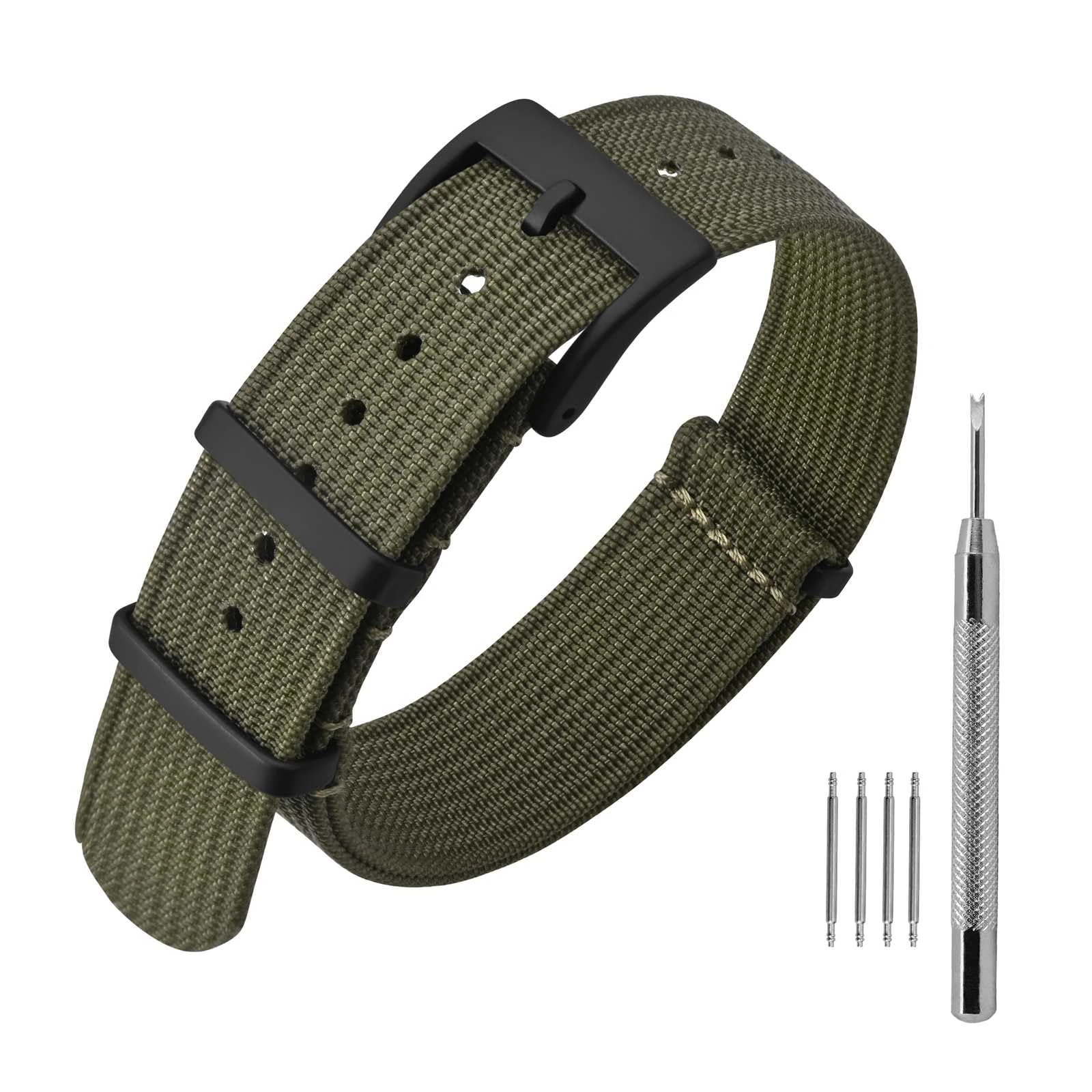 ANNEFIT Nylon Watch Strap 18mm, One-Piece Waterproof Military Watch Band with Heavy Black Buckle (Army Green)