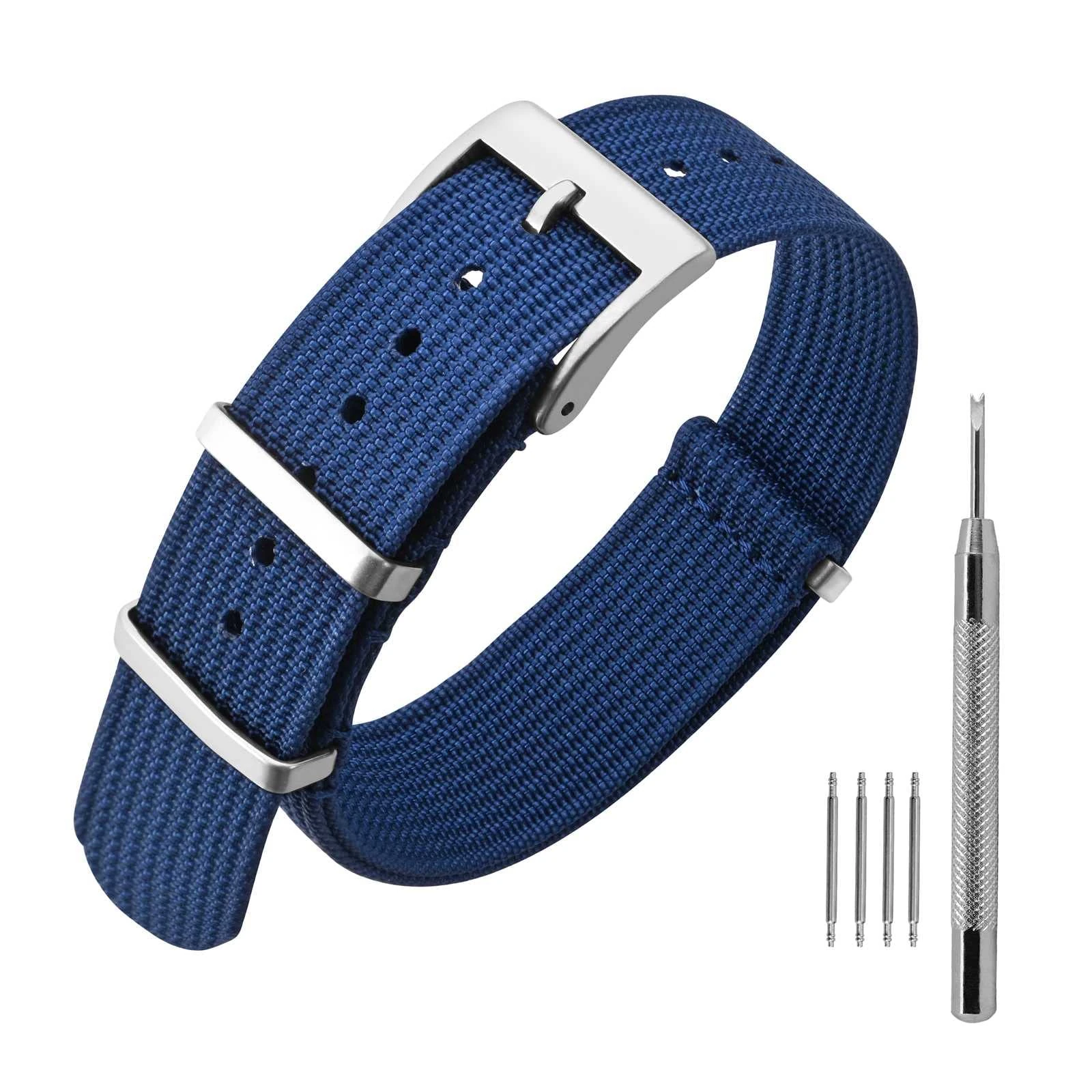 ANNEFIT Nylon Watch Strap 18mm, One-Piece Waterproof Military Watch Band with Heavy Silver Buckle (Blue)