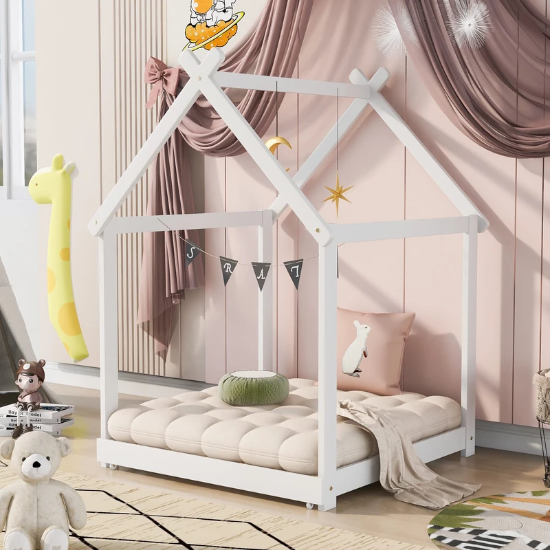 STARTOGOO 90 x 200 cm Boys and Girls Solid Wood Convertible Floor Bed with Slatted Frame White, Single