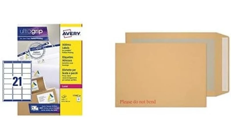 Avery UltraGrip® Address Labels and Blake Purely Packaging B4 352 x 250 mm Board Back Pocket Peel & Seal Envelopes (8112) Manilla - Pack of 125