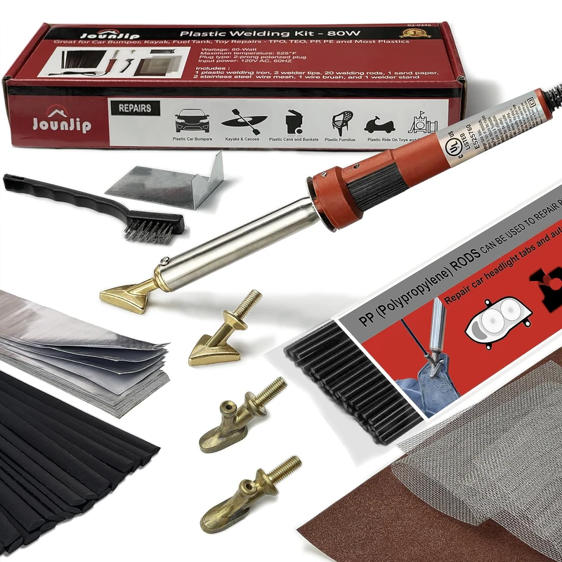 JOUNJIP Deluxe Plastic Welding Kit - UL Certified, 17 Pieces Aluminum Repair Tape, Sandpaper, 2 Triangle Soldering Iron Tips, 2 Soldering Iron Starter Tips, 4 Mesh