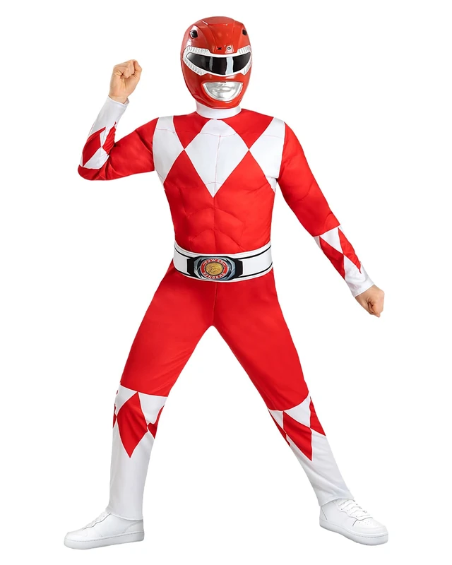 Funidelia Official Red Power Ranger Costume for Boys, Includes Jumpsuit, Belt and Half Mask, Superheroes - Outfit for Kids for Parties, Carnival and Halloween - Size 5-6 Years